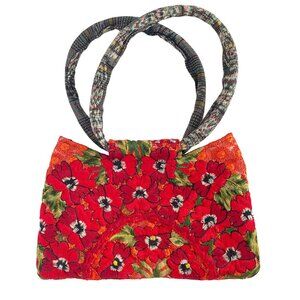 Handmade Red Floral Brocade Fabric Handbag With Loop and Hook Closure